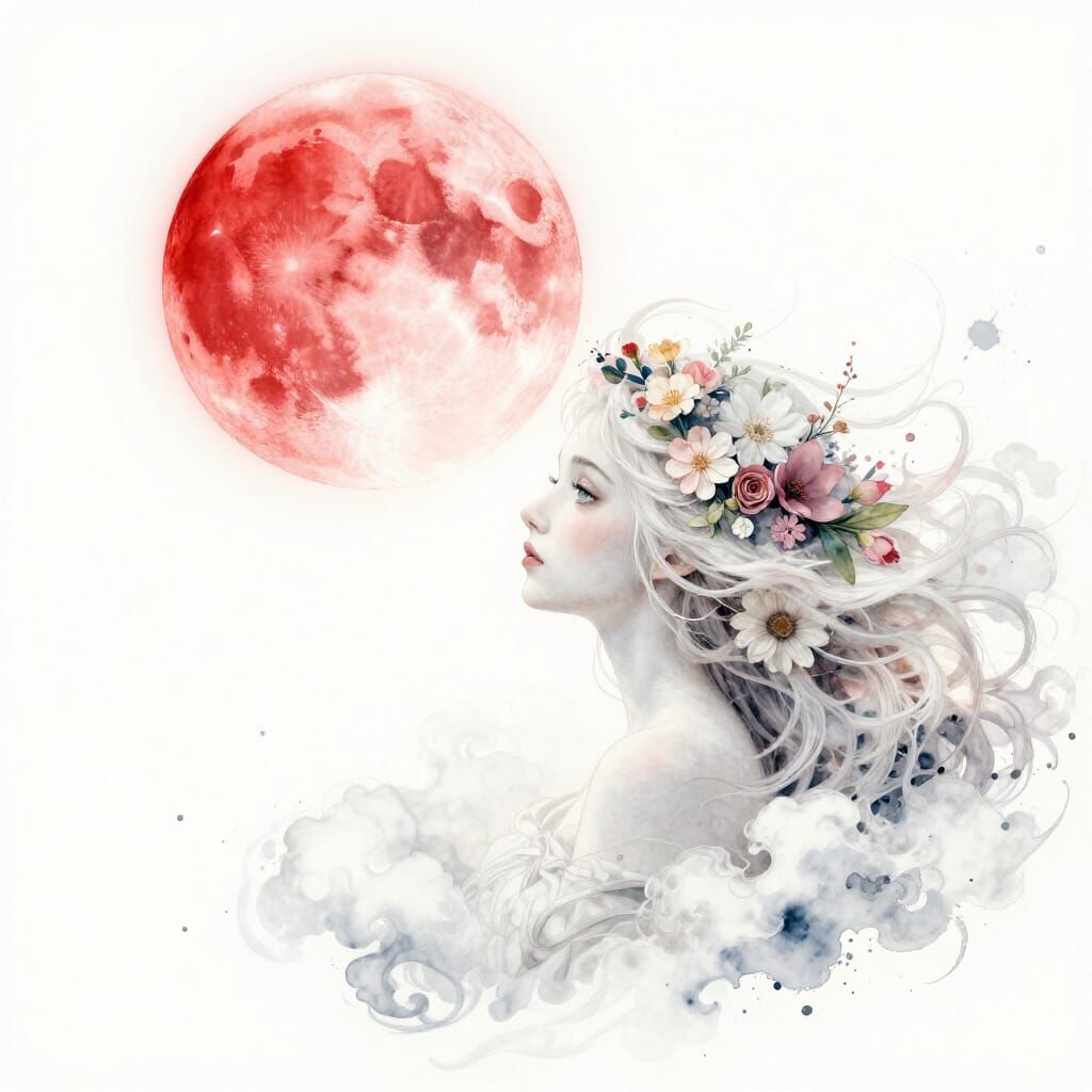 Ethereal Princess Gazes at Red Moon in Watercolour Style