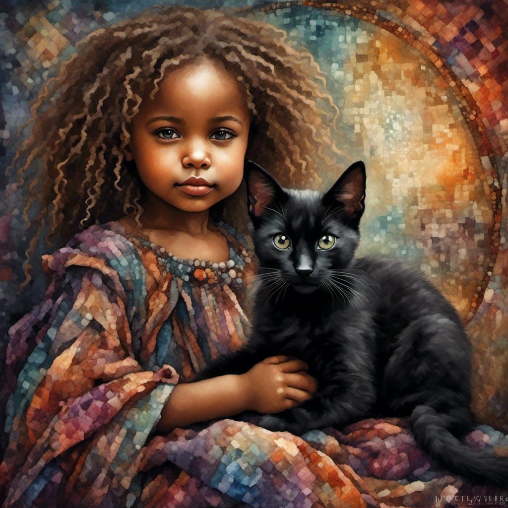 Black Cat and Toddler in Tapestry Style