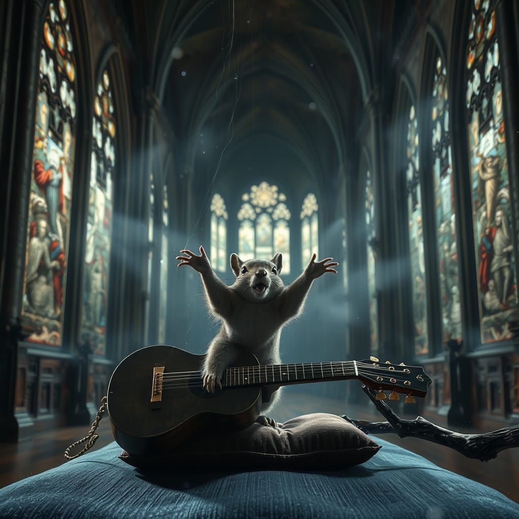 Gothic Cathedral Interior with Ornate Guitar and Squirrel