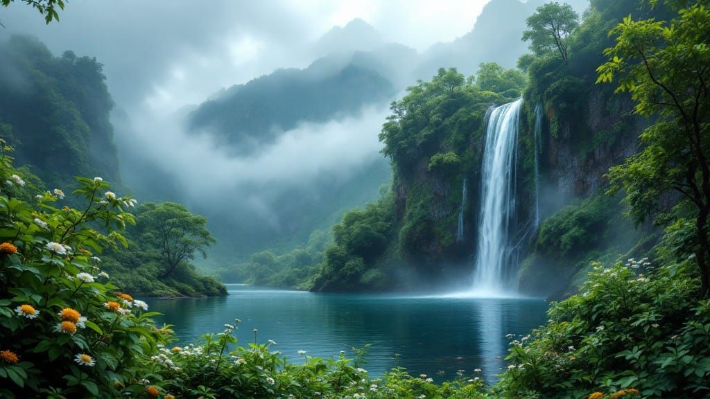Mystical Waterfall in Emerald Valley: Digital Matte Painting