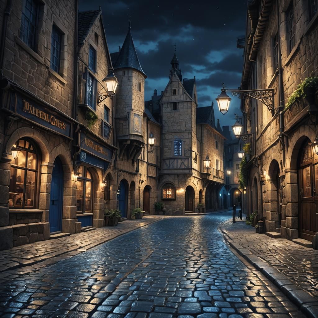 Medieval Town Bathed in Electric Blue Light