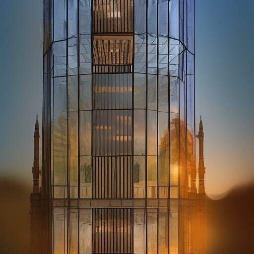 Glass Clock Tower at Sunrise: Digital Matte Painting