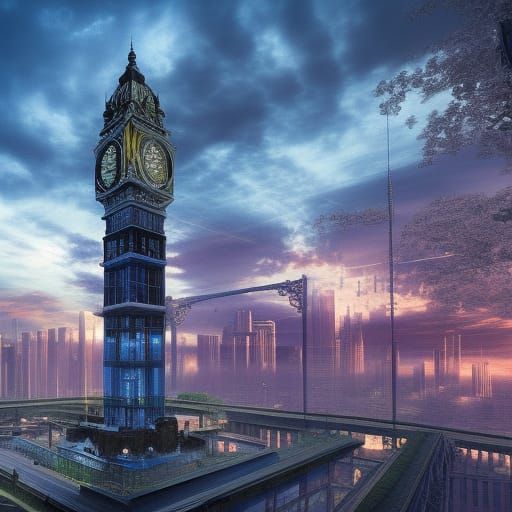 Glass Clock Tower at Sunrise: Digital Matte Painting