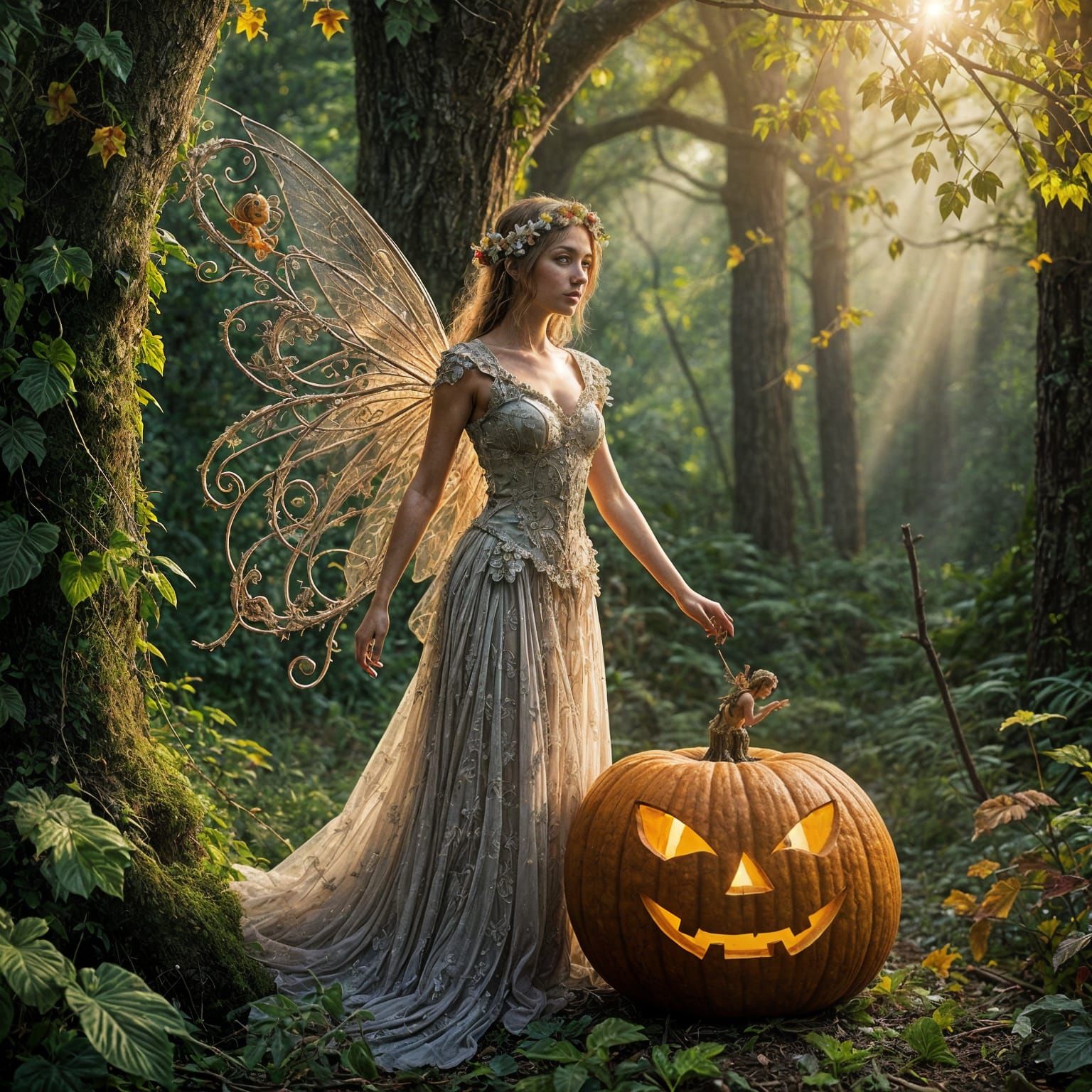 Beautiful Fairy With Pumpkin Head in Intricate Setting