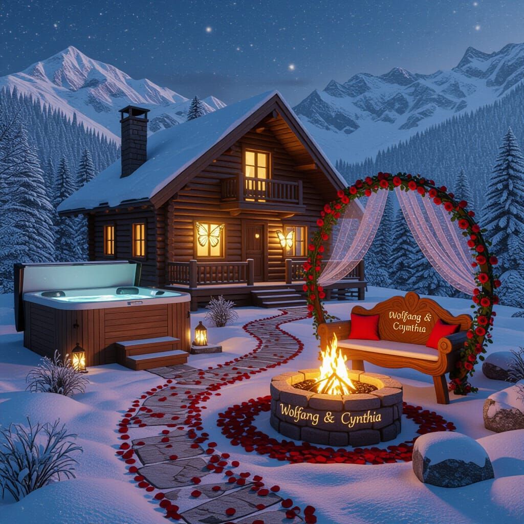 Winter Log Cabin with Butterfly Lanterns and Rose Path
