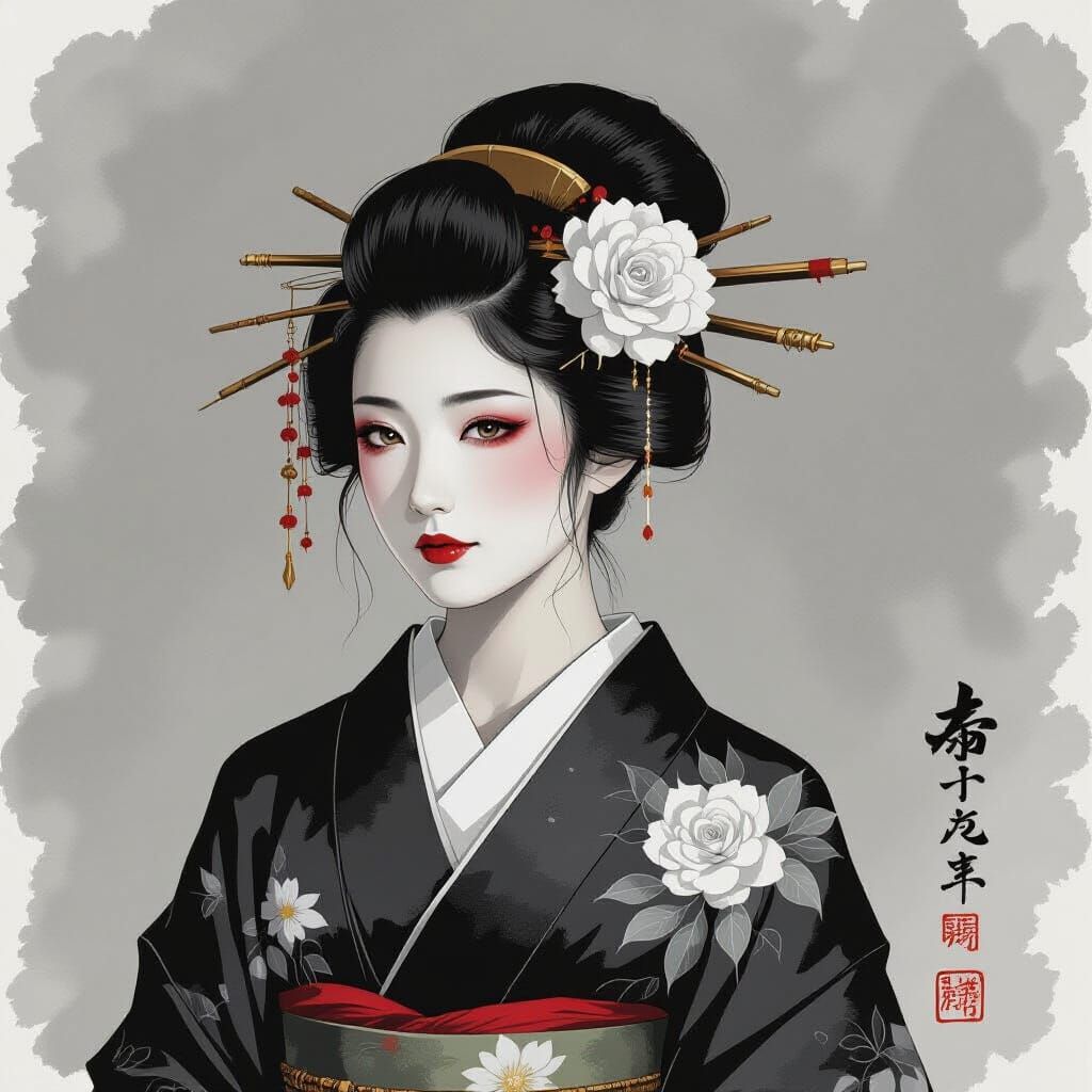 Monk with White Rose: Japanese Inksplash Aesthetic