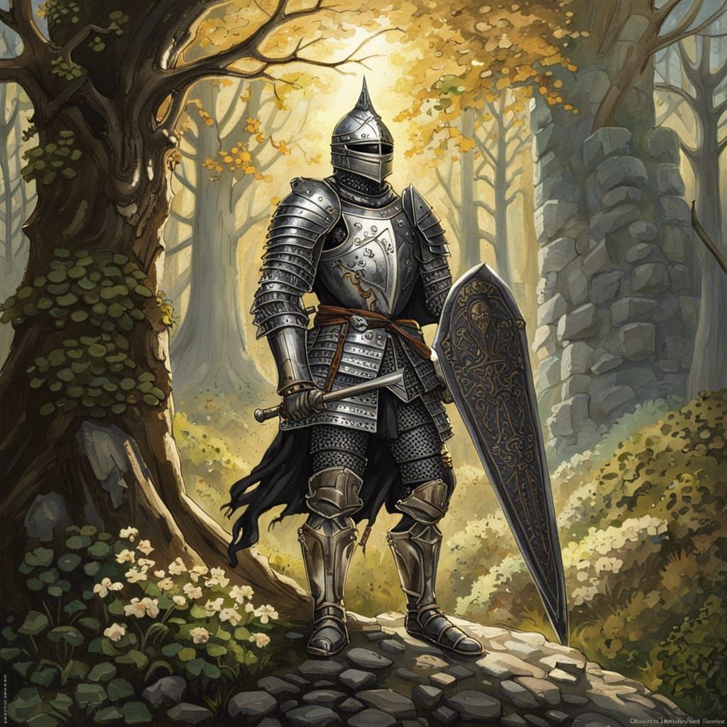 Gaelic Knight in Castle Ruins, Comic Book Art