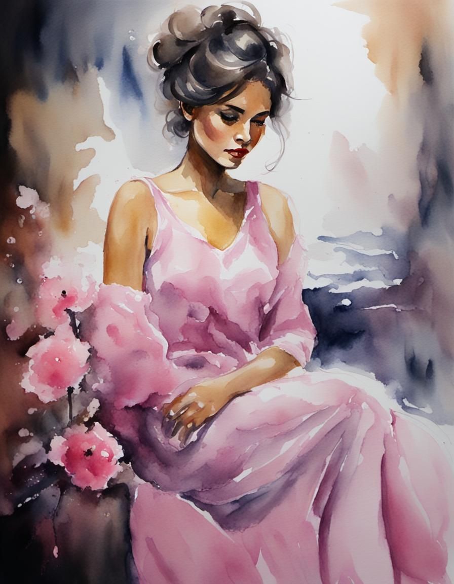 Watercolor Lady in Pink with Wet Brush