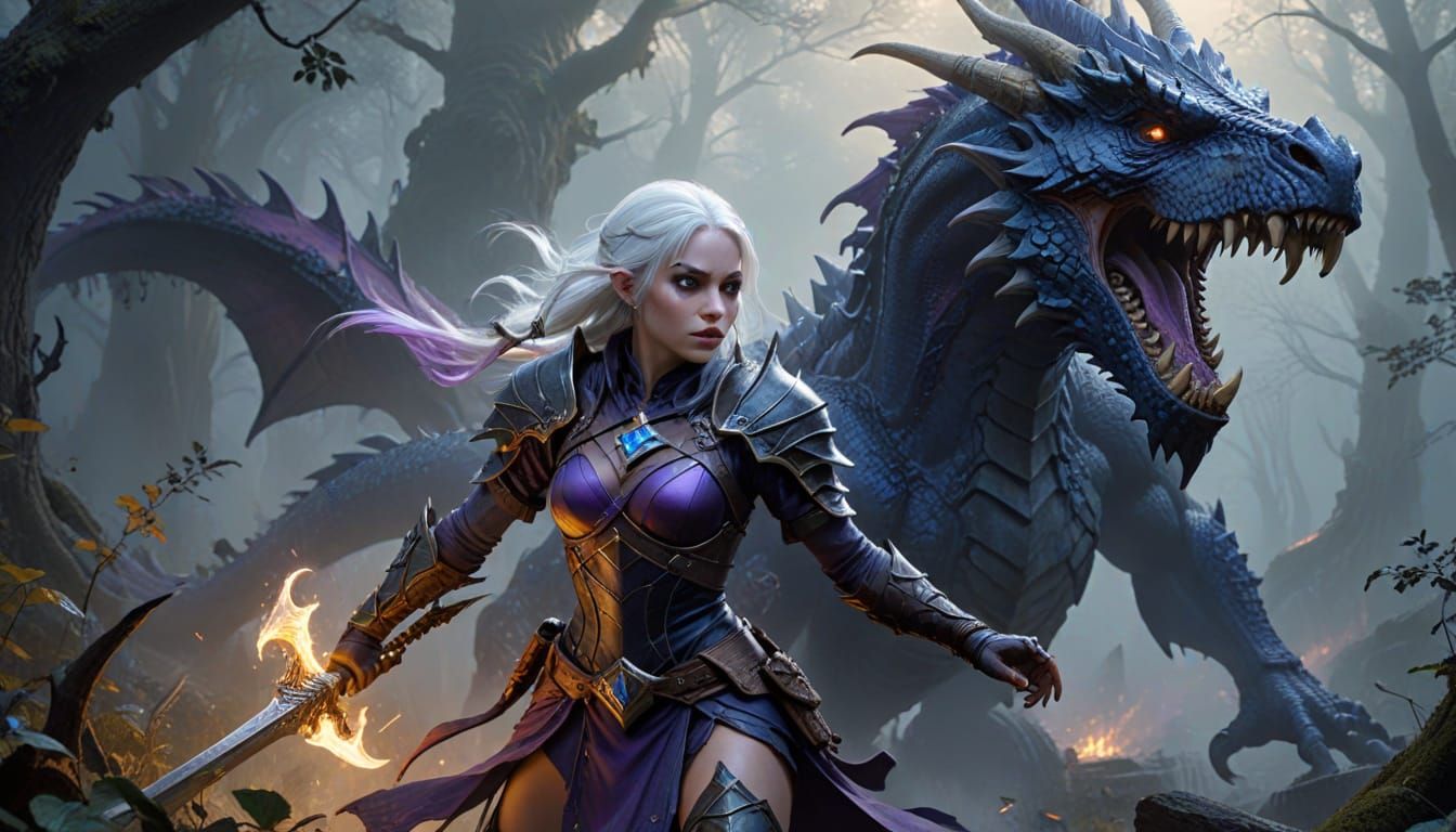 Drow Ranger Battles Bone Dragon in Misty Forest