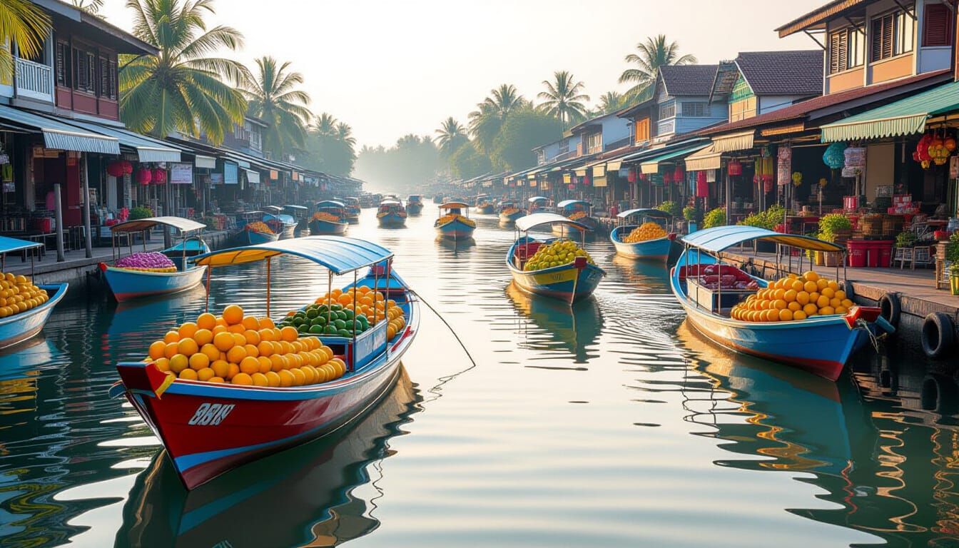 Vibrant Floating Market with Tropical Fruits in Morning Mist