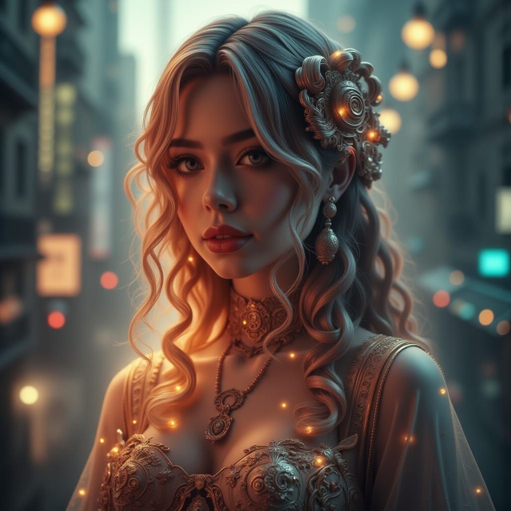 Rococo Cyberpunk Portrait of a Woman in Glowing Light