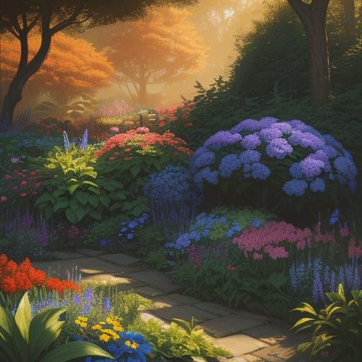 Surreal Garden Oasis in Hyperrealistic Style