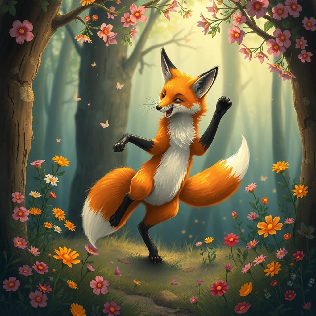 Whimsical Dancing Fox in Enchanted Forest
