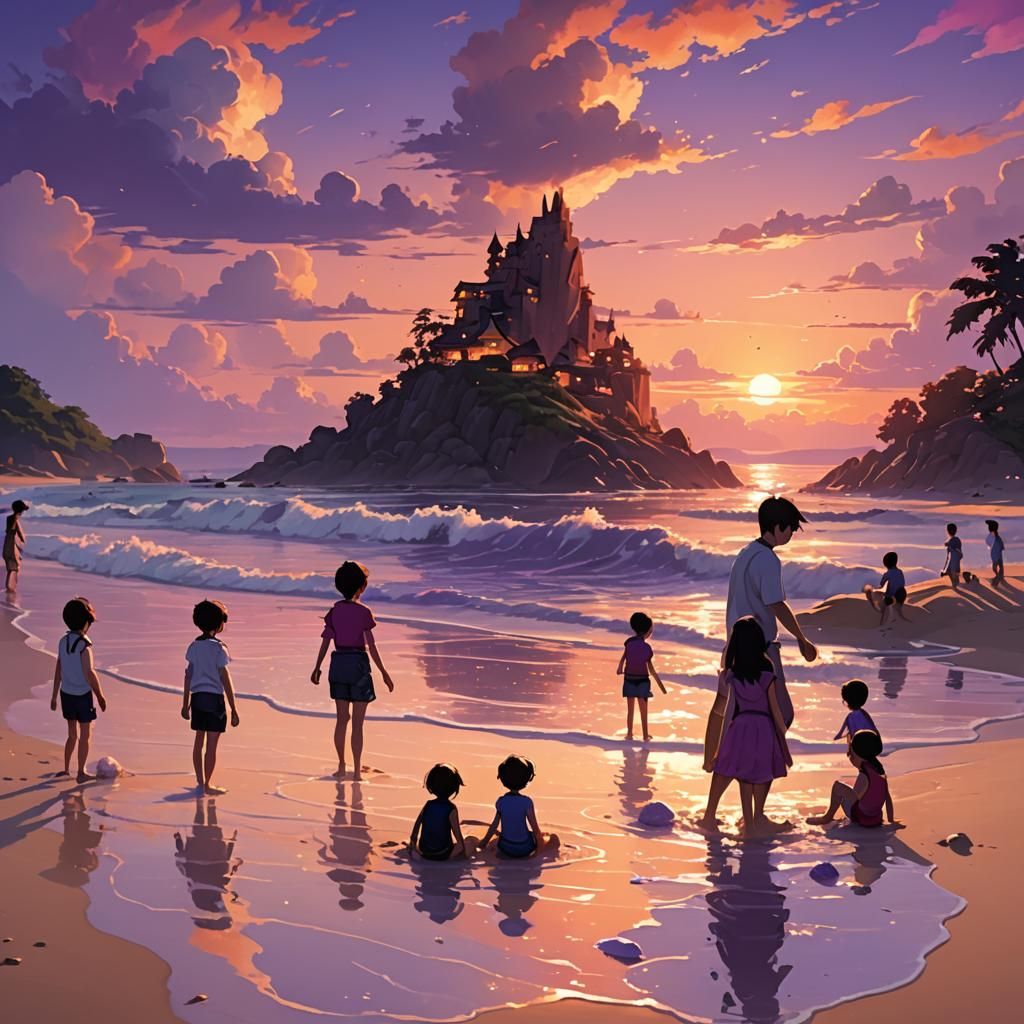 Vibrant Sunset Beach Scene in 3D Anime Art