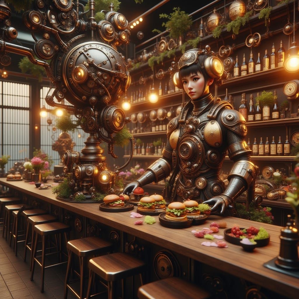 Steampunk Japanese Hamburger Shop with Soldier
