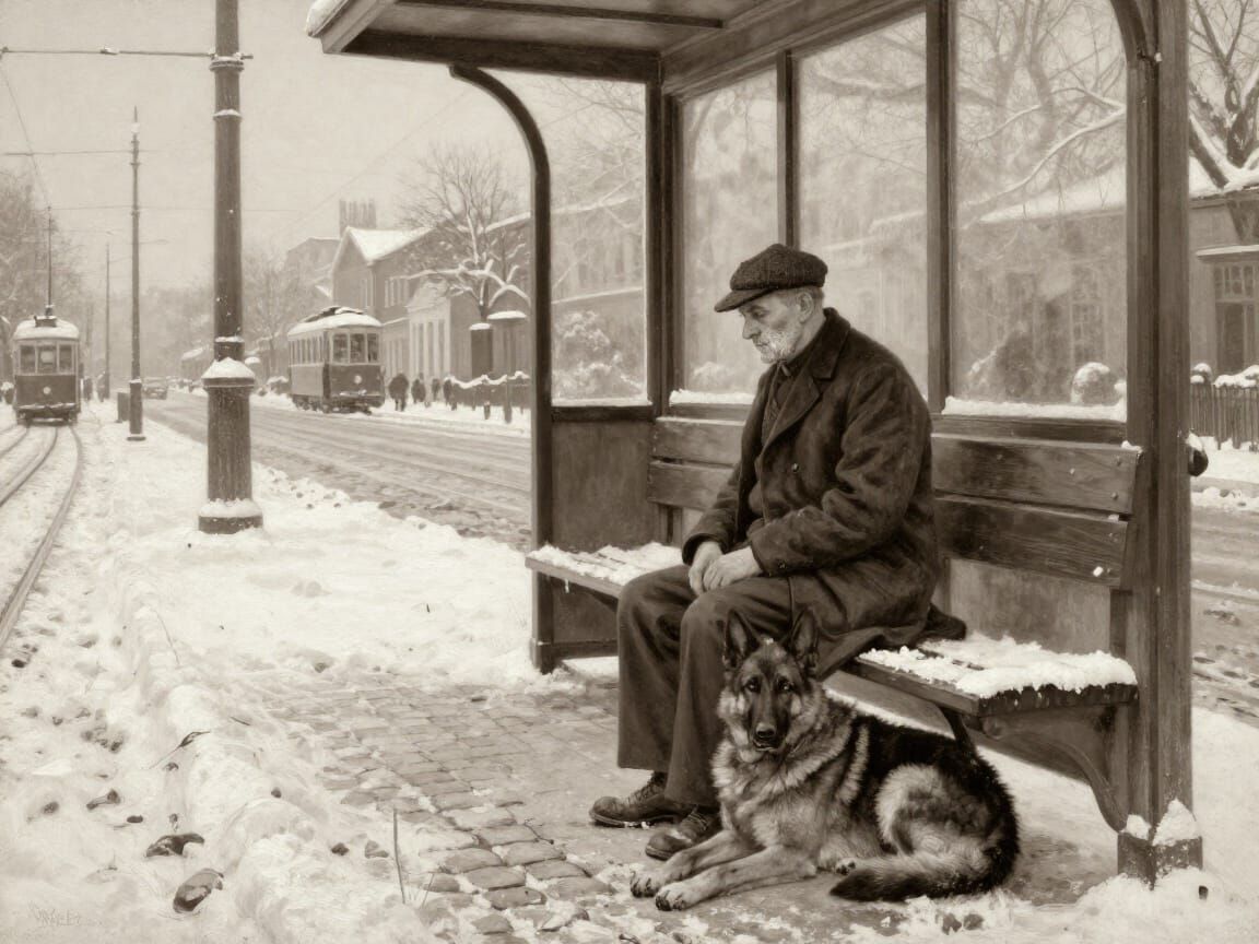Vintage 1920s Street Scene: Man and Dog Wait for Tram