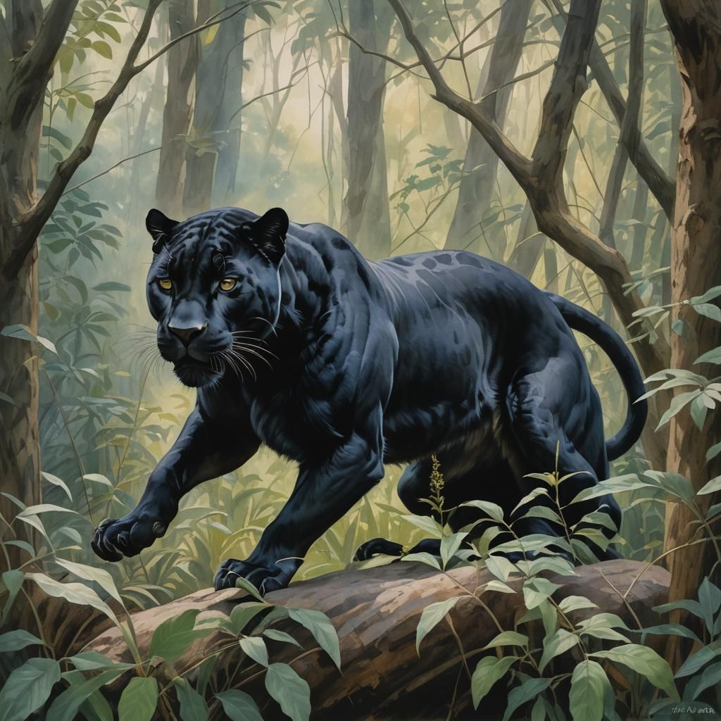 Black Panther in Gouache Watercolor Style