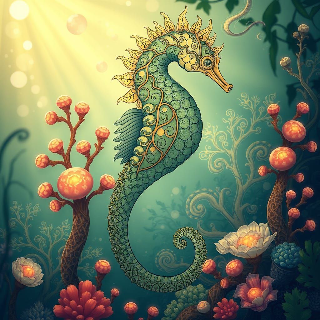 Art Nouveau Seahorse in Surreal Underwater Garden