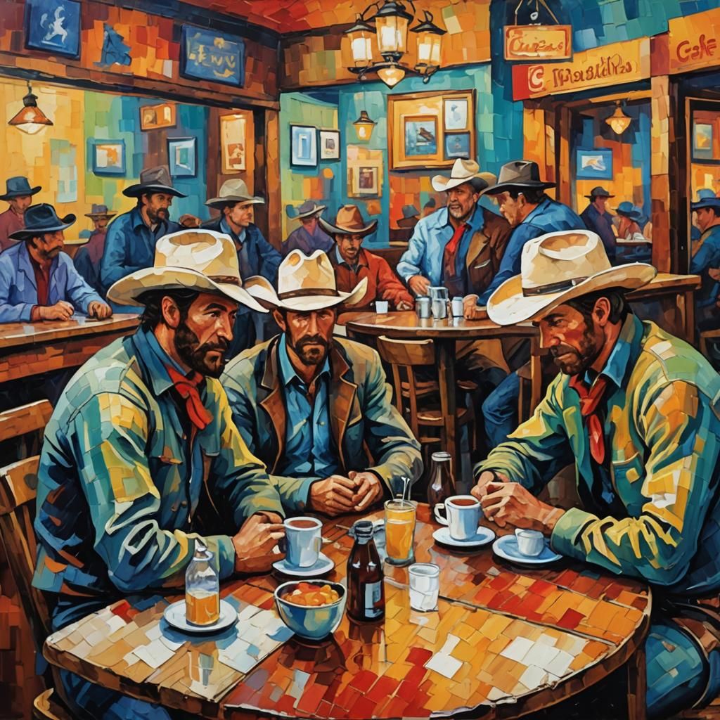 Cowboys at the Cafe: Neo-Impressionist Oil Painting