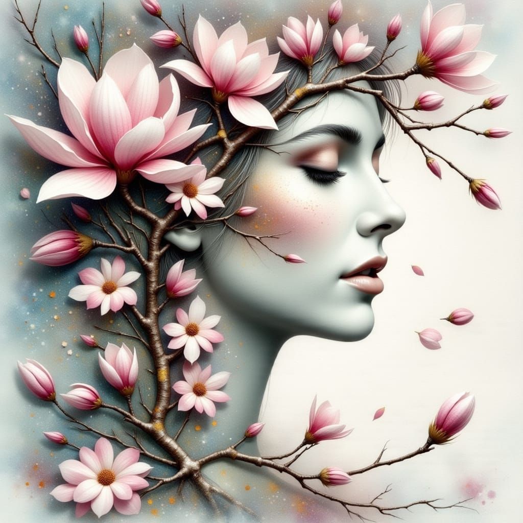 Serene Art Nouveau Woman Emerges from Nature's Textured Bloo...