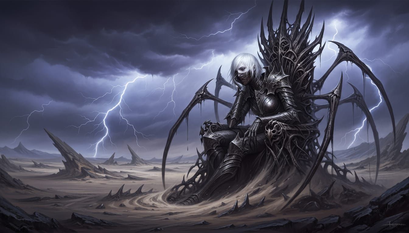 Gothic Queen on Throne in Lightning Storm