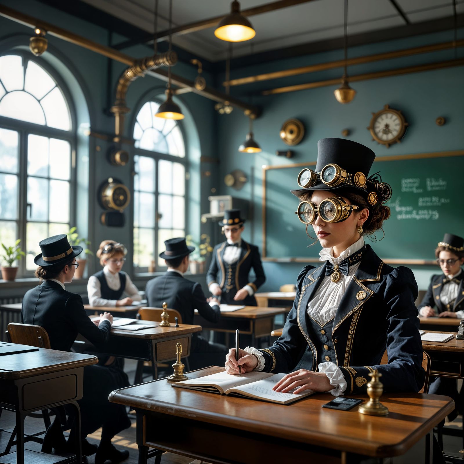 Steampunk Classroom Scene with Students and Teacher