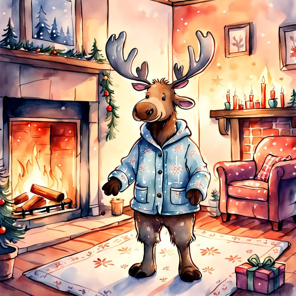 Moose Cub in Pajamas Holding Lantern, Watercolor Sketch