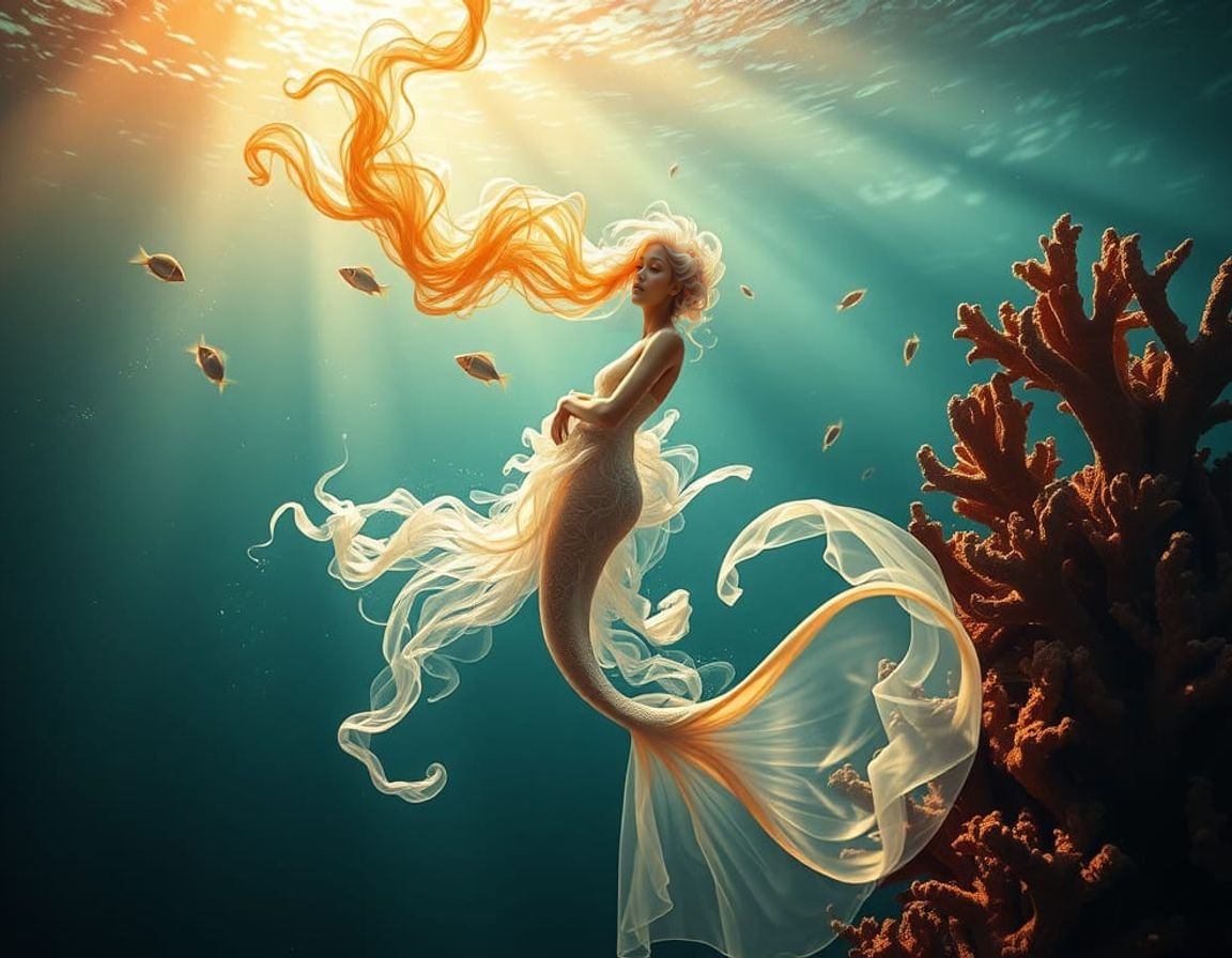 Ethereal Smoke Mermaid Embracing Coral in Mystical Underwate...