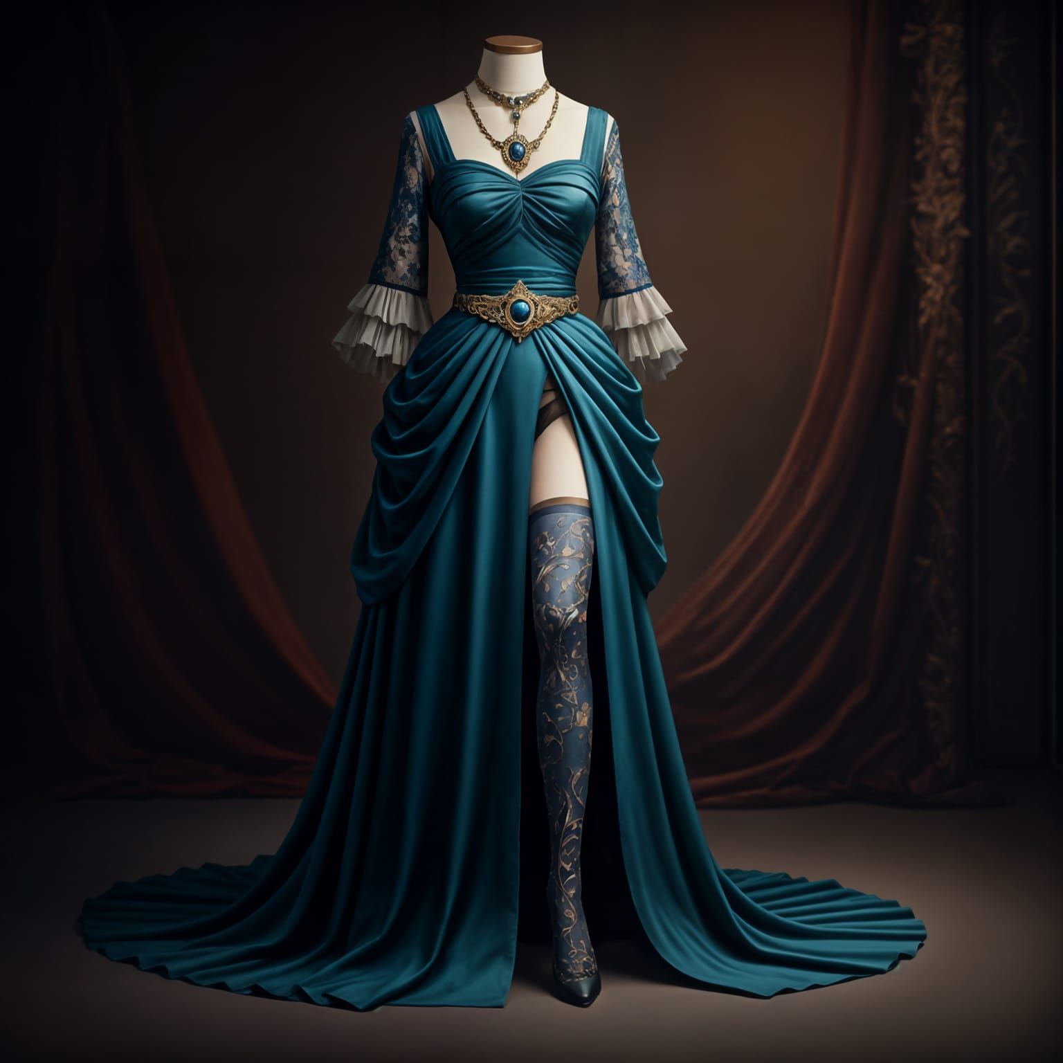 Luxurious Fantasy Gown in Dark Teal Silk with Intricate Lace