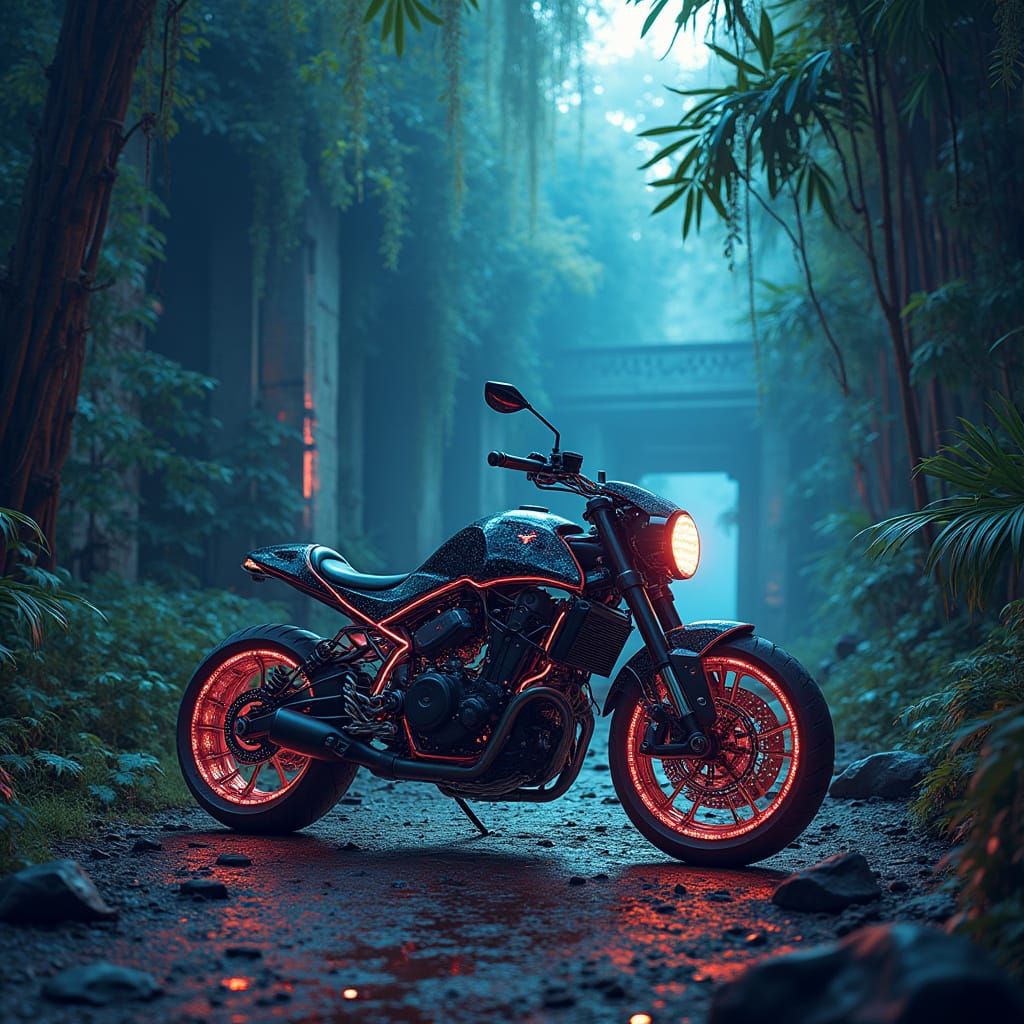 Futuristic Motorcycle in Bioluminescent Jungle Ruins