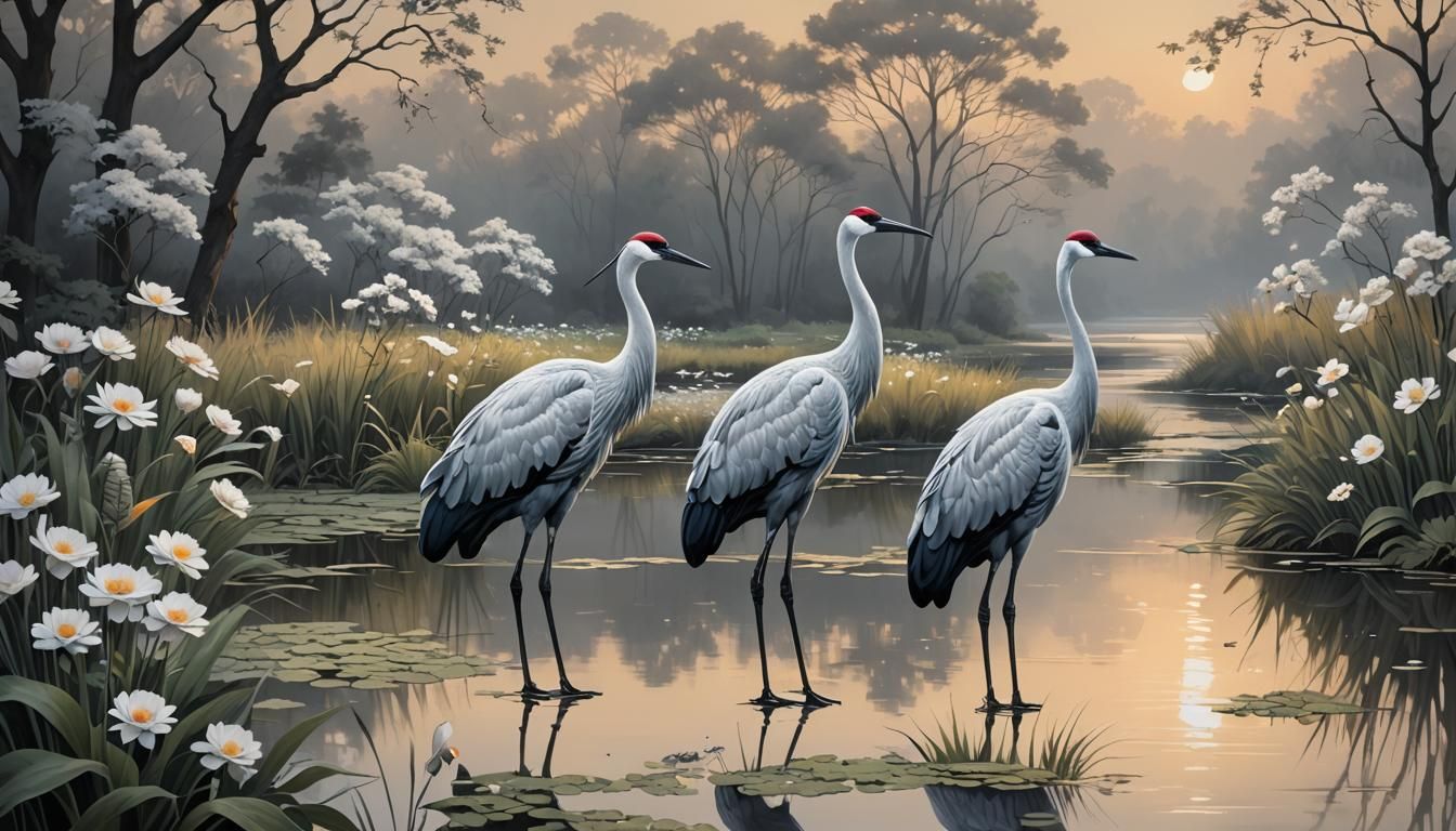 Monochromatic Cranes in Evening Light