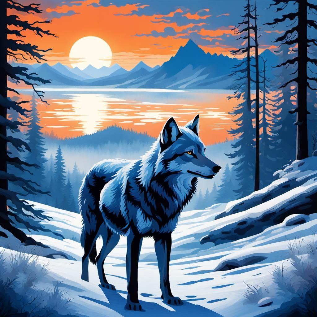 Wolf Silhouette with Reindeer in Taiga Sunset