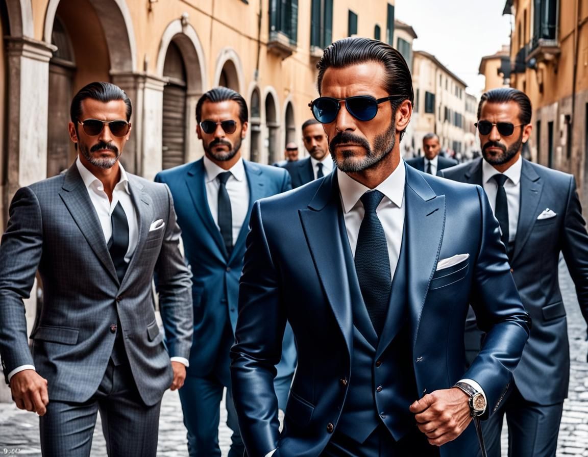 Charming Italian Man with Bodyguards in Italy
