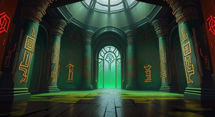 Mysterious Temple of Ancient Runes in Epic Oil Painting