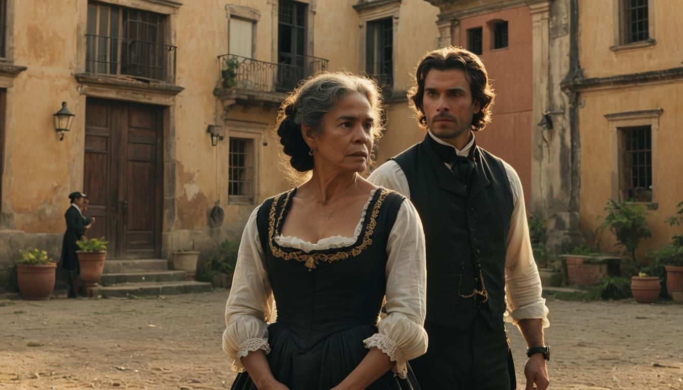 Colombian Woman in 18th Century Dress, Cinematic Still