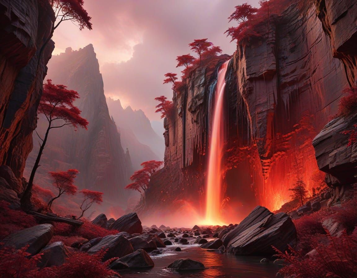 Colossal Crimson Waterfall Cascading into Scarlet Mist