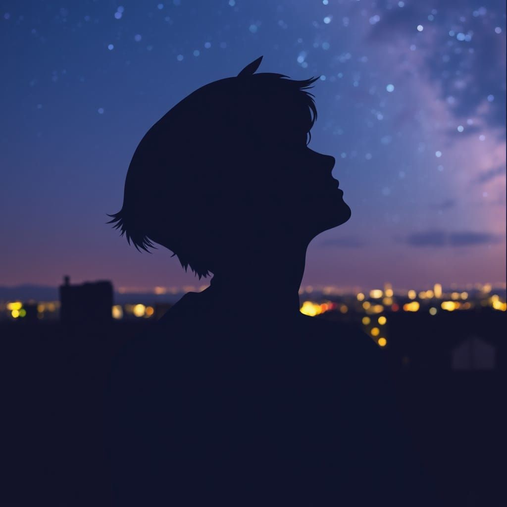 Silhouette on Rooftop Under Starry Sky