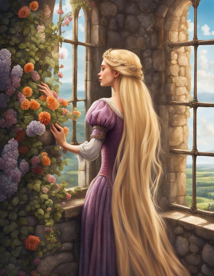 Rapunzel with Long Hair in Tower Window