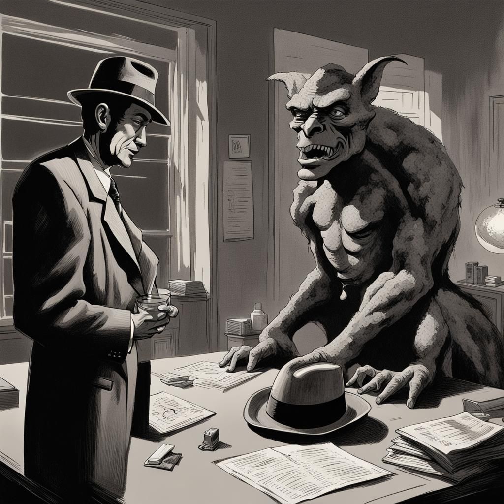 Private Eye and Gargoyle in Sinister Office