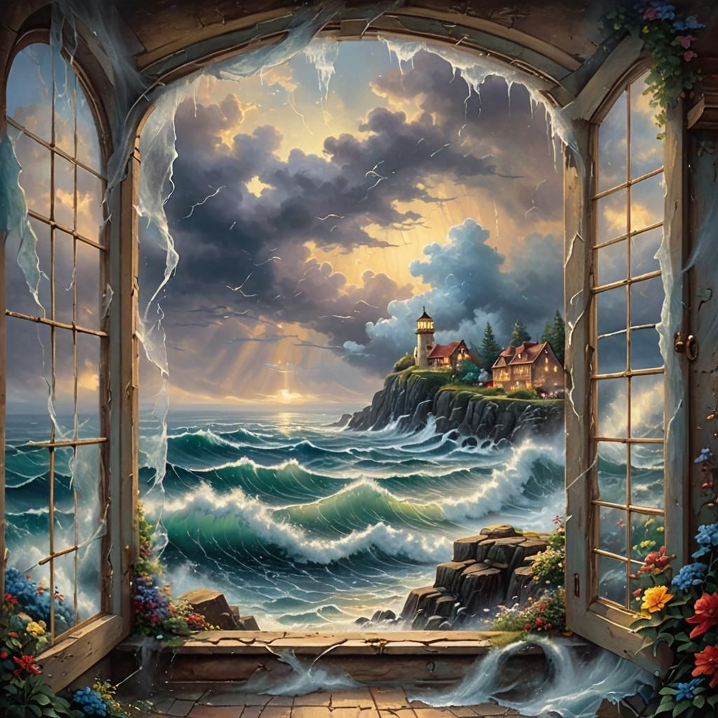 Stormy Sea Seen Through Broken Window