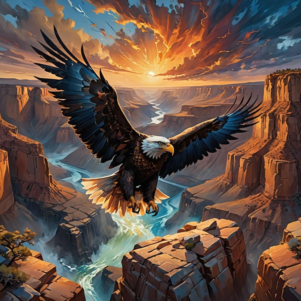 Eagle Battling Winds Over Canyon in Oil Painting