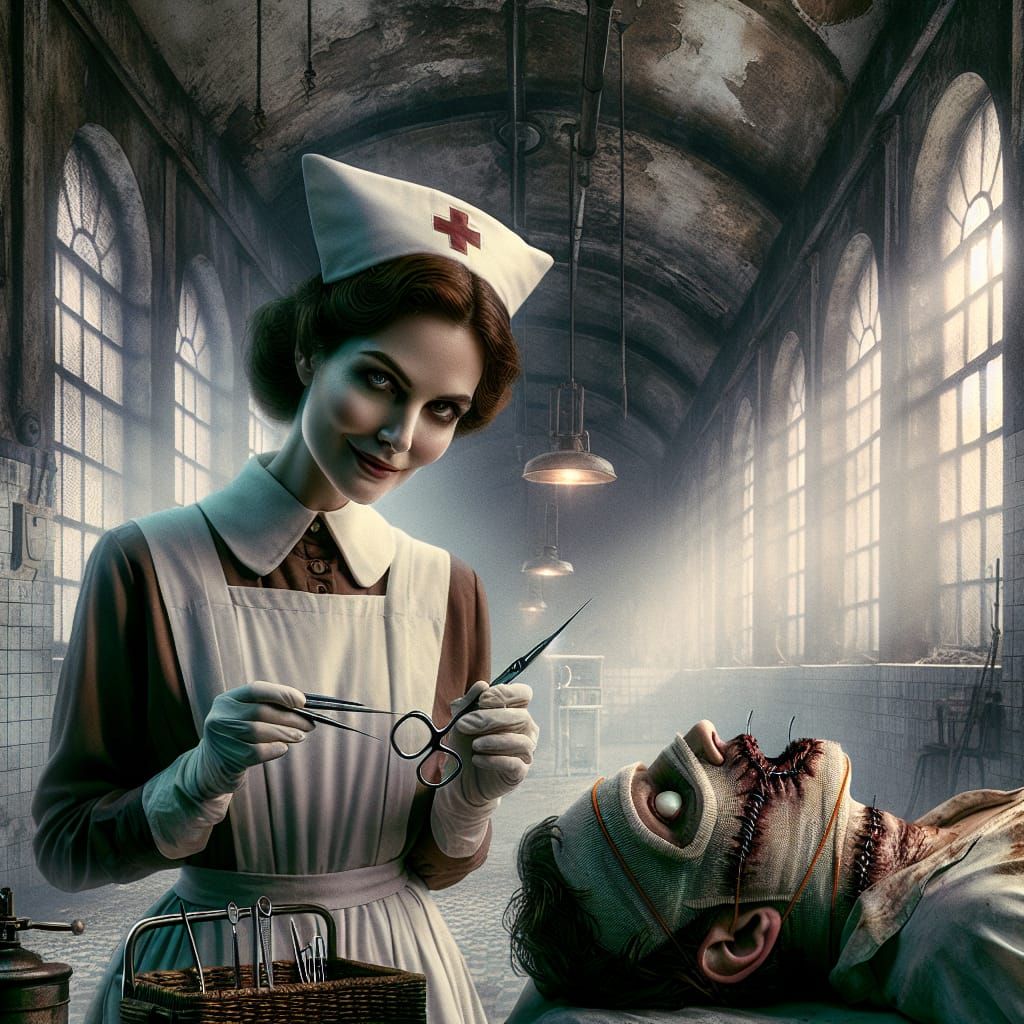 Eerie Nurse in Gothic Mental Institution