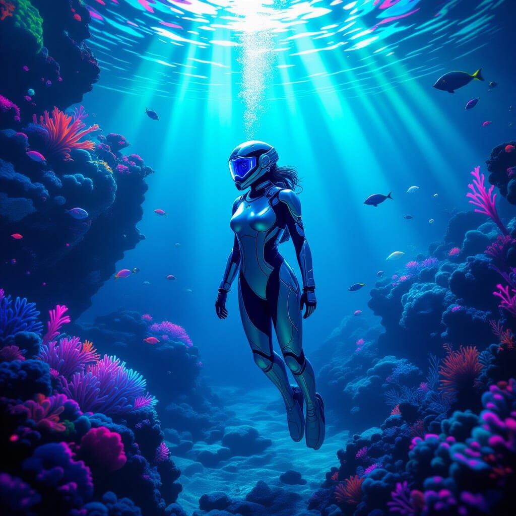 Female AI Explores Neon Ocean Floor in Futuristic Style