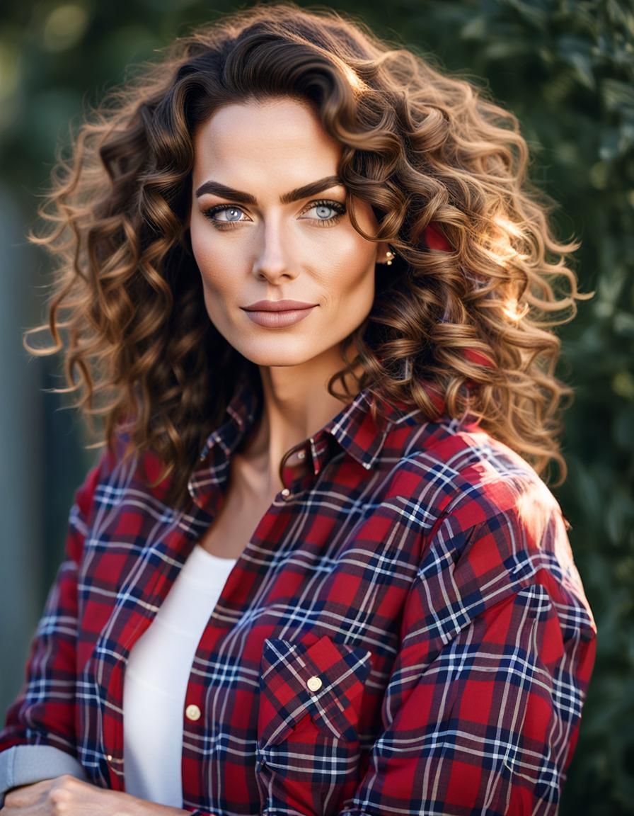 Portrait of a Woman in Plaid Shirt by Blue Door