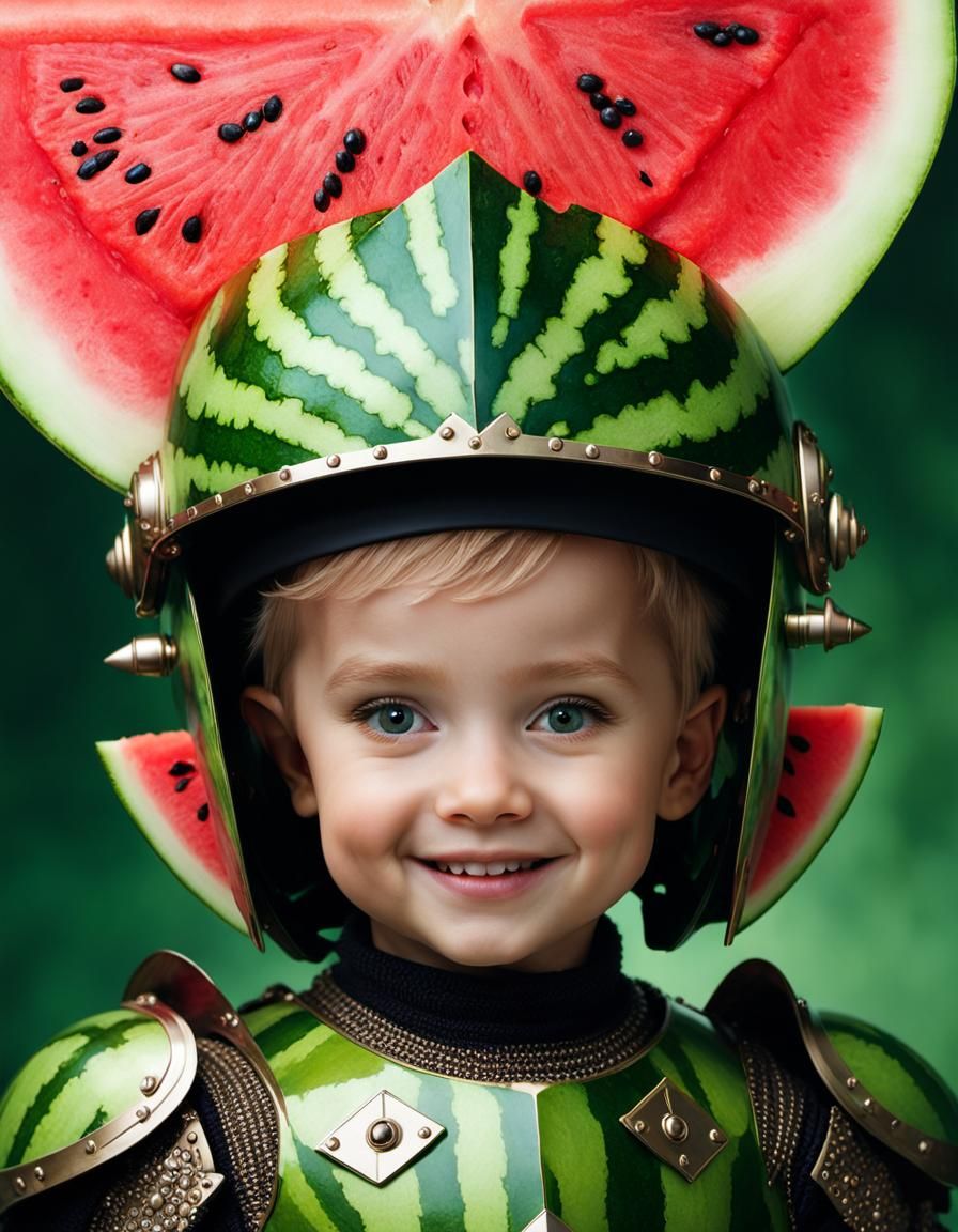Toddler in Watermelon Armor: 3D Digital Art