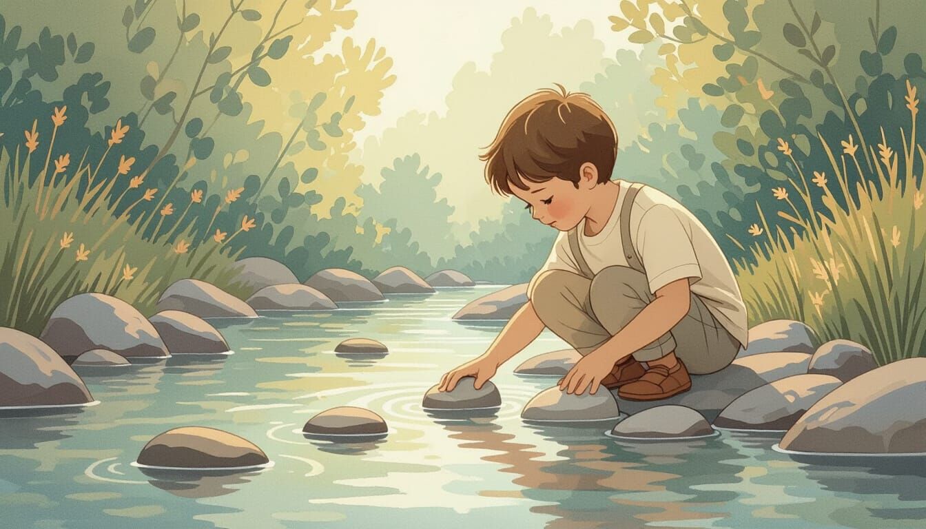 David Picks Stones in a Pastel Storybook River