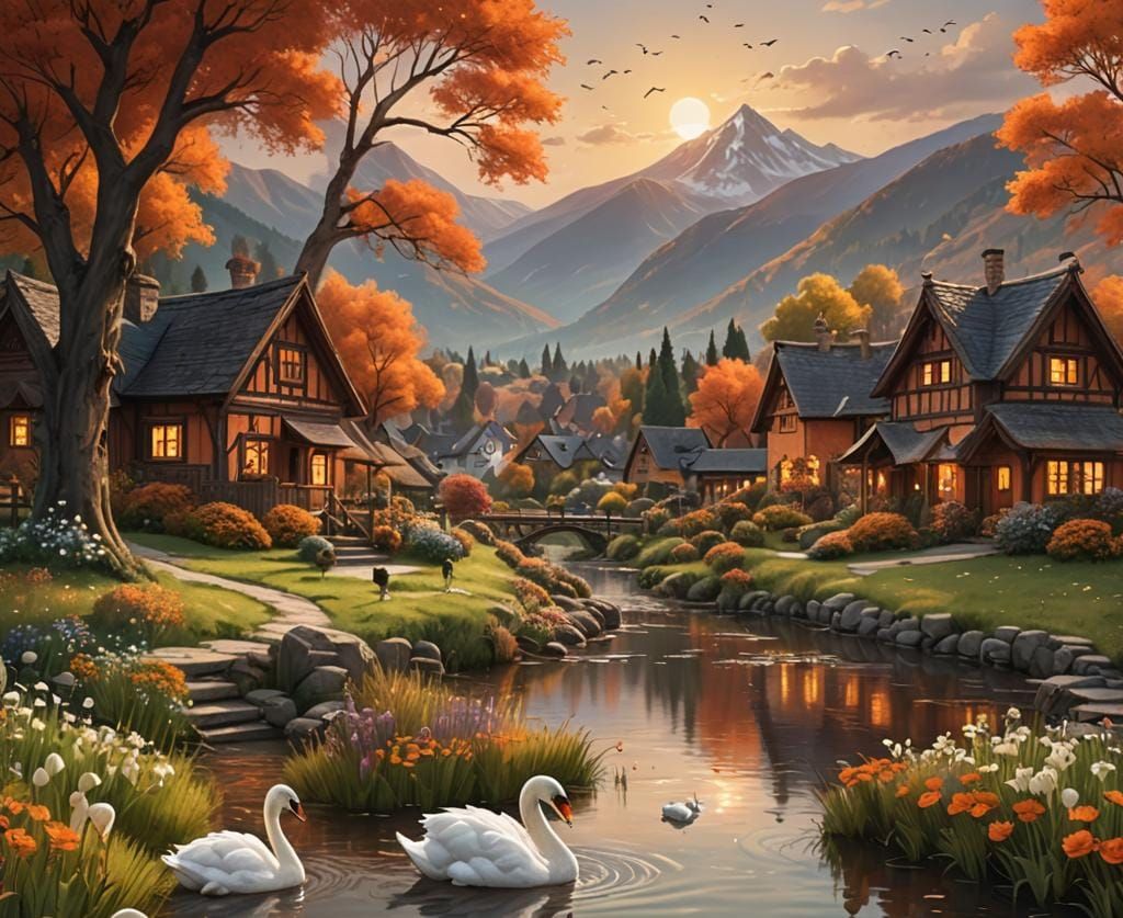 Idyllic Autumn River Scene with Swans