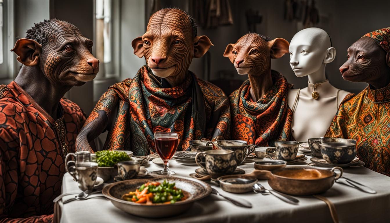 Surreal Alien Celebration in Gritty Restaurant