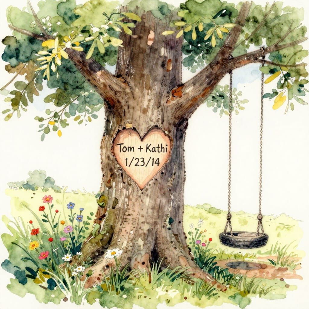 Heart Carved Tree with Tire Swing in Watercolor Style