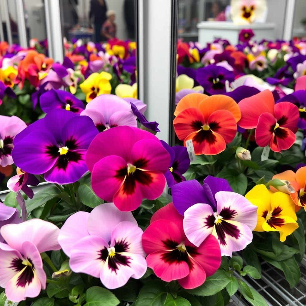 Reflections of Colorful Pansies in Mirrored Walls